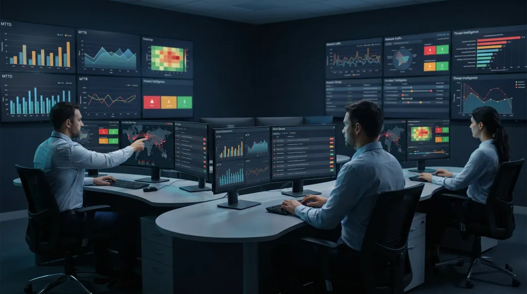 Security operations center dashboard displaying threat detection and response metrics in real time