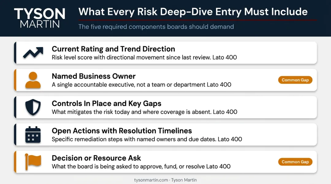 Top risk deep-dive entry components checklist with owner timeline and decision fields