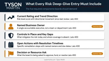 Top risk deep-dive entry components checklist with owner timeline and decision fields
