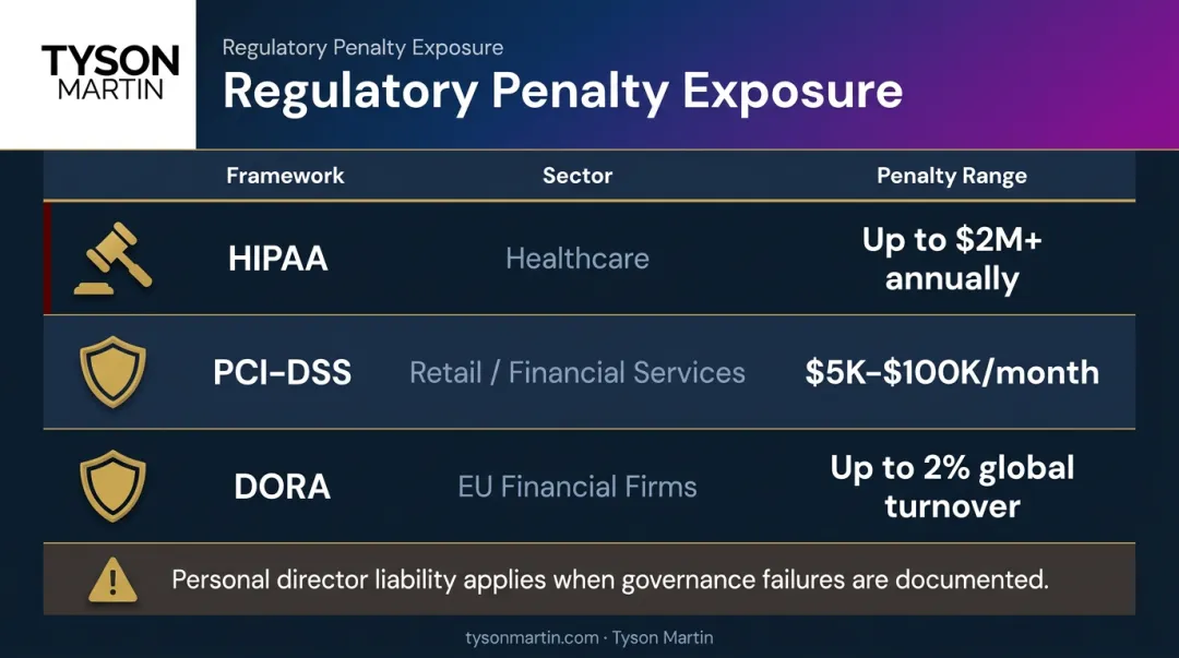 Regulatory compliance frameworks HIPAA PCI-DSS DORA penalty ranges and applicability comparison chart