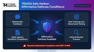 TRAIGA safe harbor affirmative defense requirements and NIST AI RMF alignment conditions