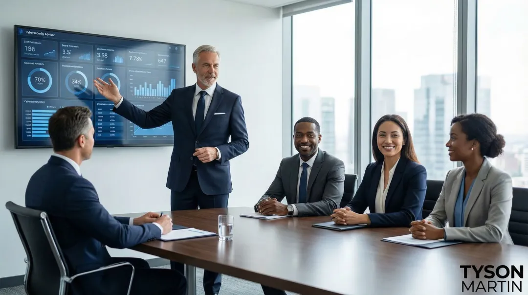 Experienced cybersecurity board advisor presenting risk analysis to executive leadership team