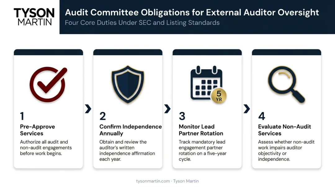 Four audit committee external auditor oversight obligations process flow infographic