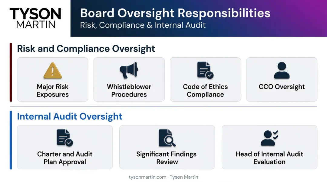 Audit committee core responsibilities organized across four oversight domains infographic