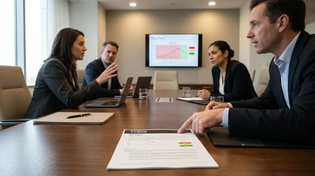 Board of directors reviewing cybersecurity risk trend report in executive boardroom meeting