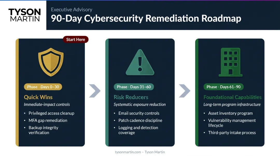 90-day security gap analysis remediation roadmap three-phase timeline infographic