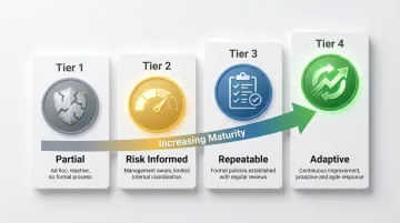 NIST CSF four implementation tiers progression from partial to adaptive maturity