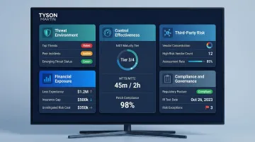 Five-domain board cyber dashboard structure with KPI categories and metrics