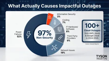 Operational outage causes breakdown showing power network and third-party failure percentages