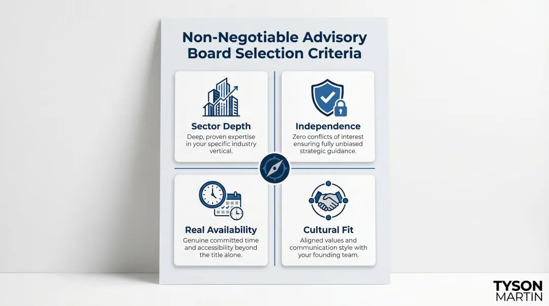 Four non-negotiable advisory board selection criteria framework infographic