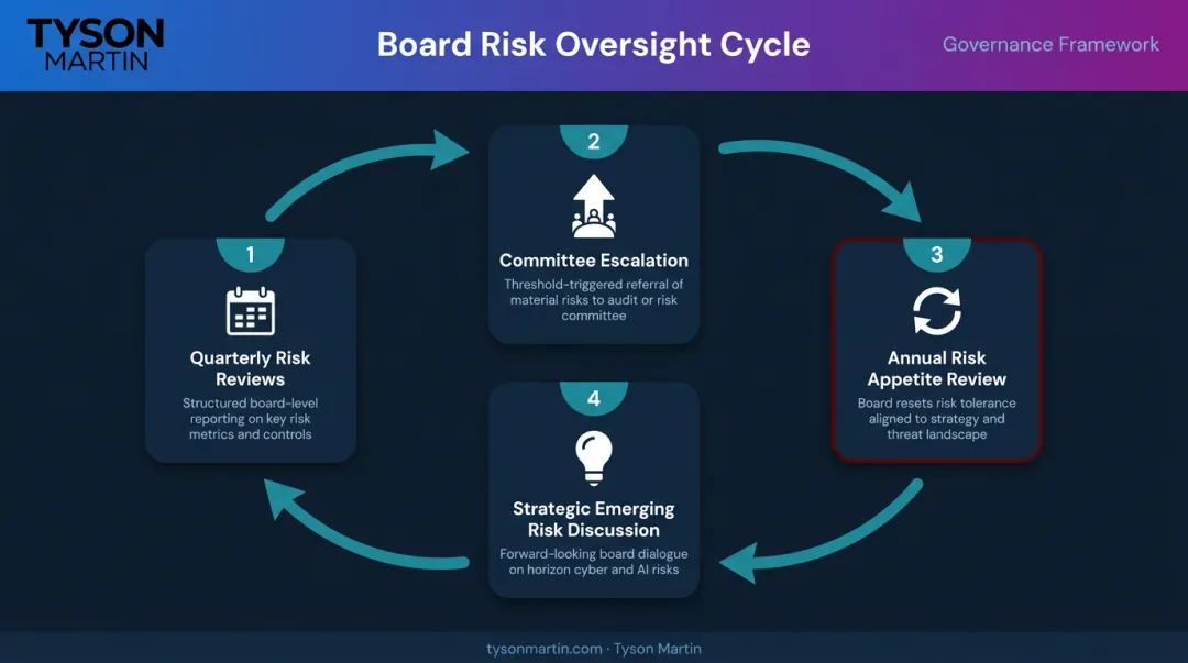 Four-stage board risk oversight cycle from quarterly reviews to strategic discussion