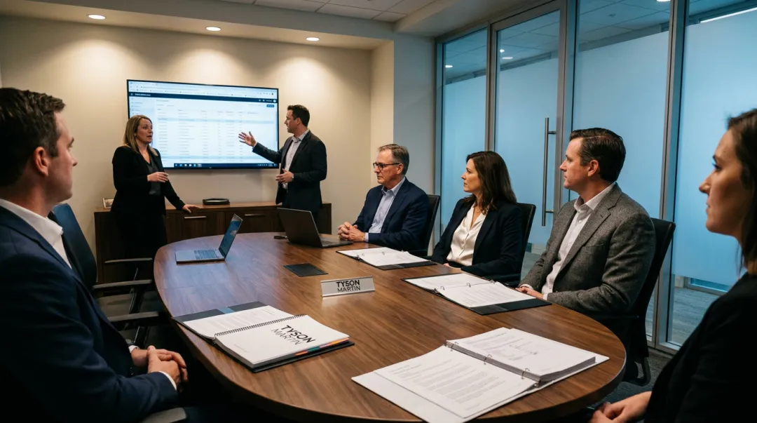 Board audit committee members reviewing cybersecurity risk briefing in governance meeting