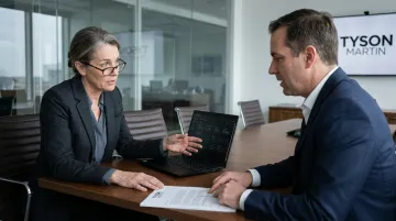 Security advisor and executive reviewing cyber risk governance documentation in modern boardroom