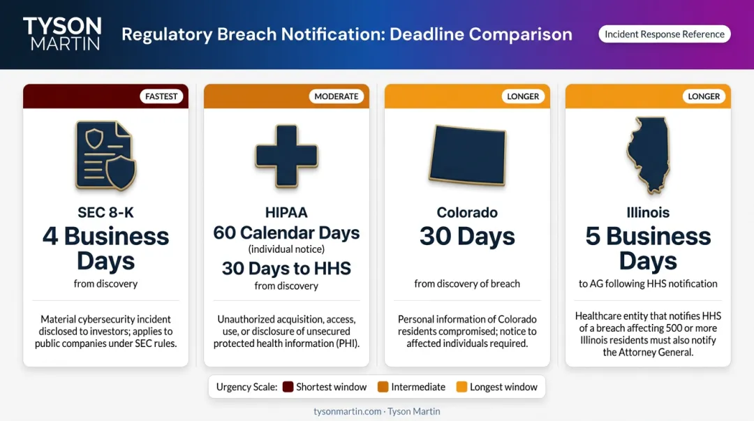 Cybersecurity breach notification regulatory deadlines comparison across SEC HIPAA and state laws