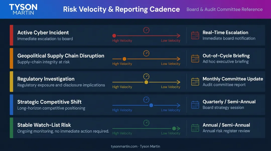 Risk velocity cadence matrix comparing five risk types and reporting frequency