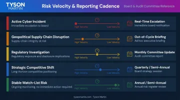Risk velocity cadence matrix comparing five risk types and reporting frequency