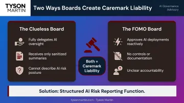 Two AI governance board failure modes clueless versus FOMO comparison infographic