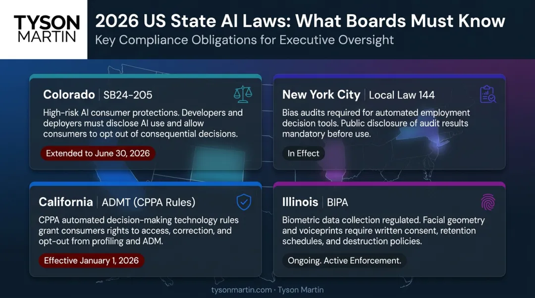 2026 US state AI regulations overview Colorado New York California Illinois requirements