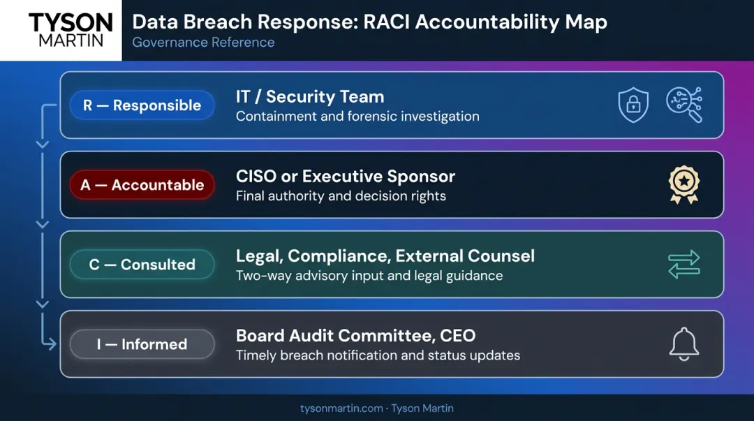 Data breach RACI matrix mapping four roles to responsible parties