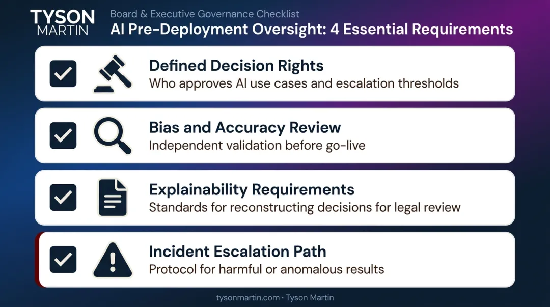 4-step pre-deployment AI oversight checklist for boards and executives