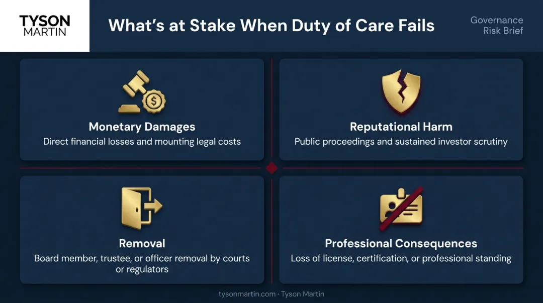 Four consequences of fiduciary duty of care breach monetary reputational professional removal