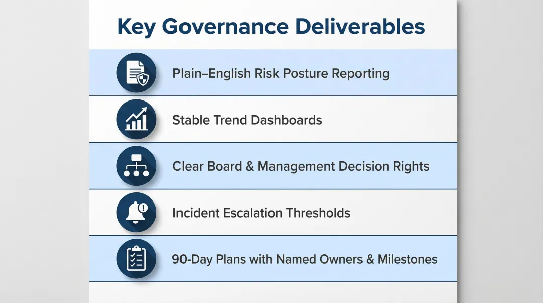 Five fractional CISO board governance deliverables process outcomes infographic