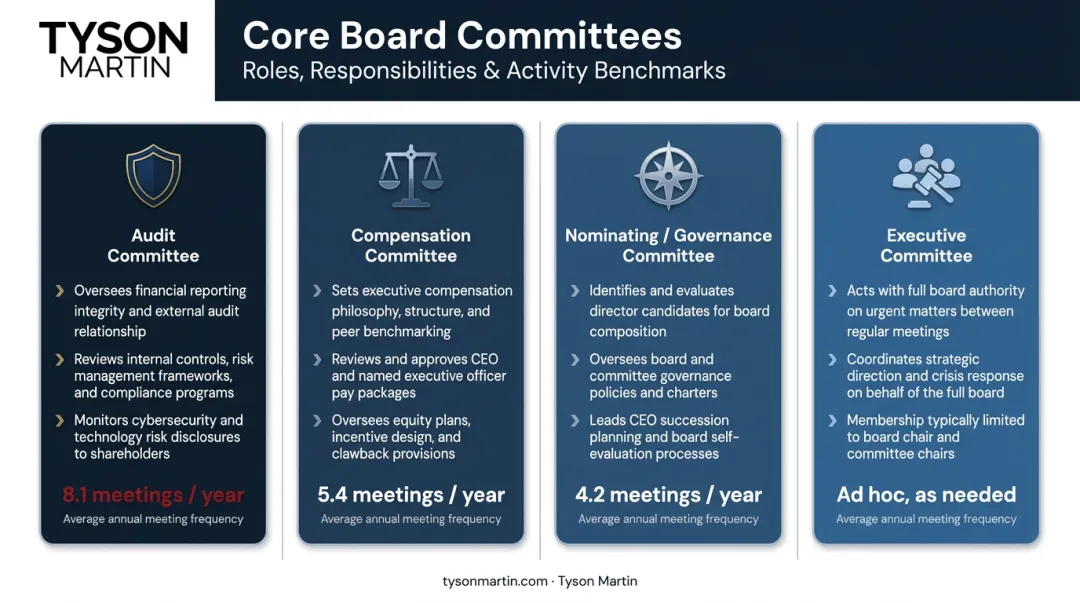 Four core board committees mandates responsibilities and meeting frequency comparison chart