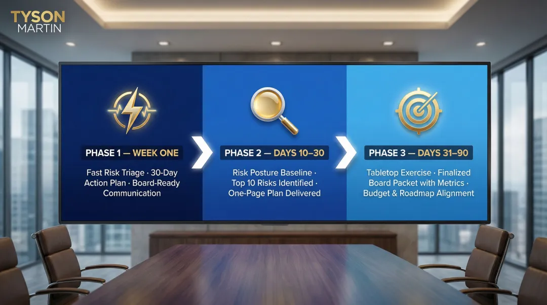 90-day cybersecurity advisory engagement timeline with weekly milestones and deliverables