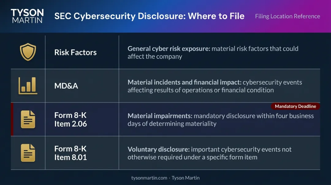 SEC cybersecurity disclosure filing locations and requirements comparison chart