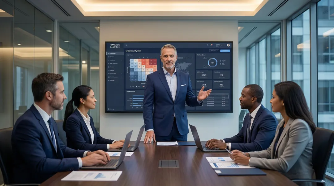 Executive security advisor presenting board-ready cybersecurity risk report to leadership team