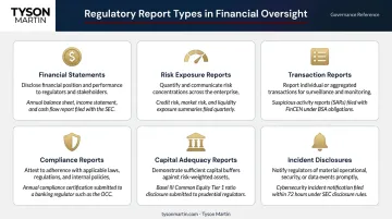 Six types of regulatory risk reports with purposes and examples comparison table