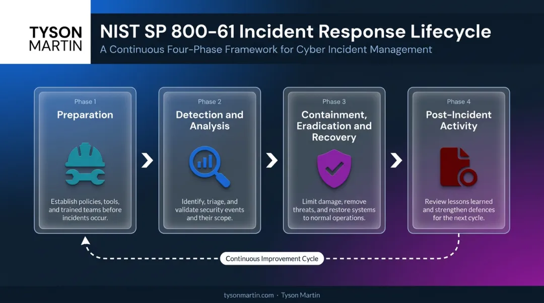 NIST incident response lifecycle four-phase process flow from preparation to post-incident review