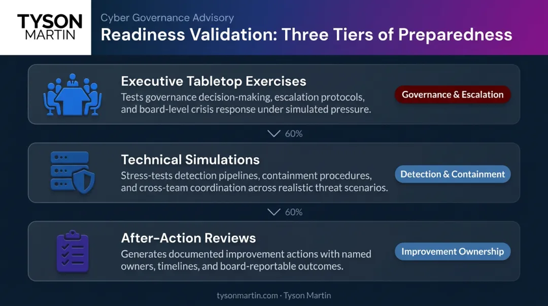 Three-tier incident readiness validation framework showing exercise types and outcomes