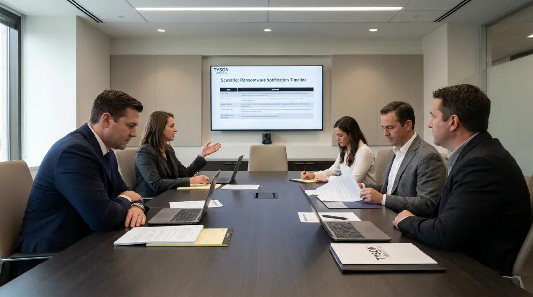 Cross-functional team conducting governance tabletop exercise with incident scenarios