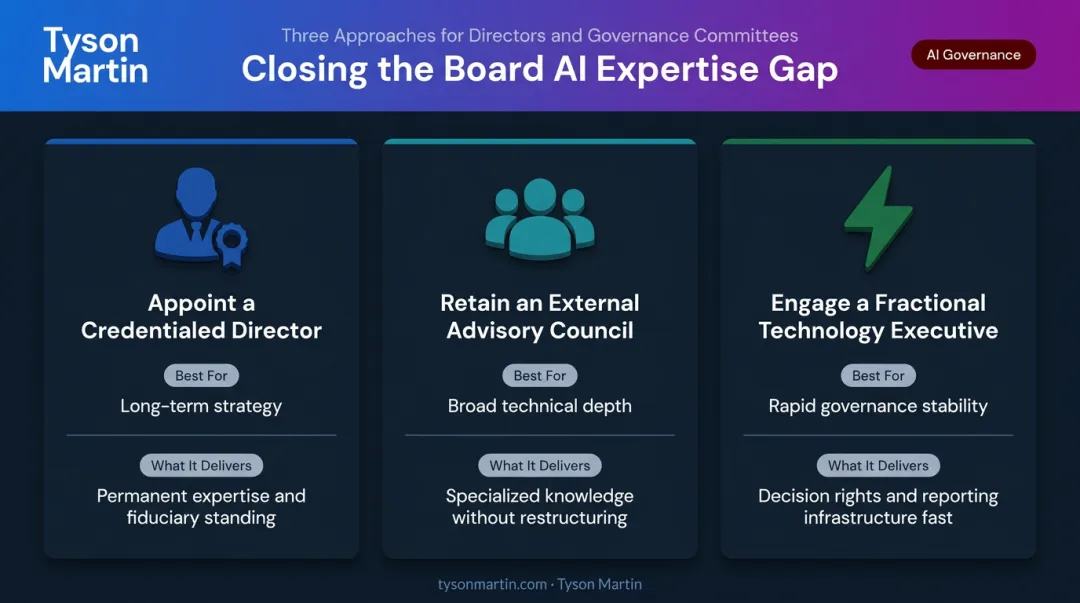 Three approaches to closing board AI expertise gap comparing director appointment advisory and fractional executive options