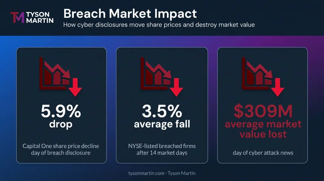 Cyberattack stock market impact statistics showing average equity drops and value loss