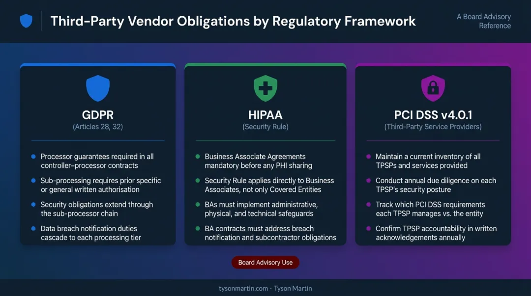 GDPR HIPAA PCI DSS supply chain cybersecurity obligations comparison table infographic