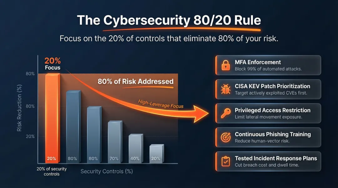 80/20 cybersecurity rule top five high-leverage controls reducing majority of risk