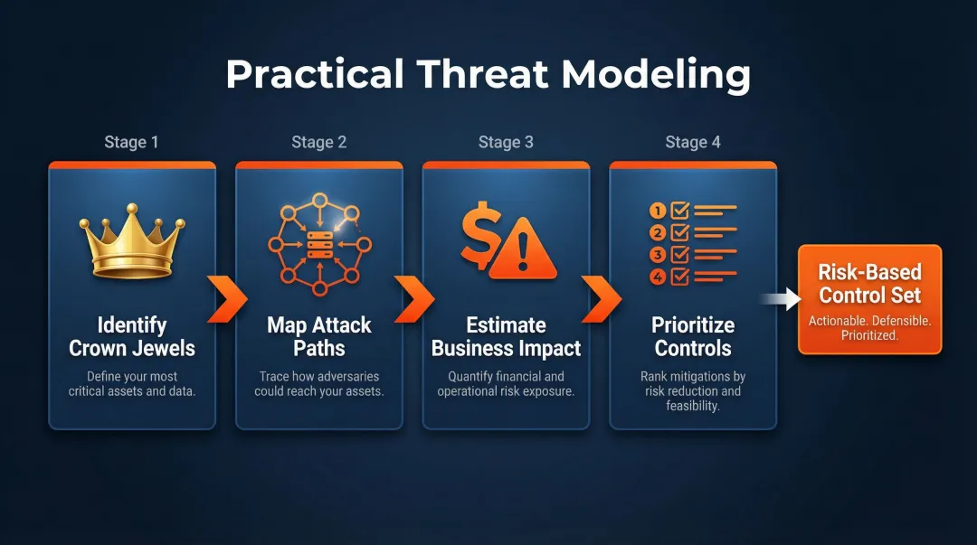 Four-step threat modeling process from crown jewels to prioritized security controls