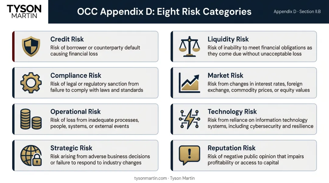 OCC eight risk categories framework table with descriptions and icons
