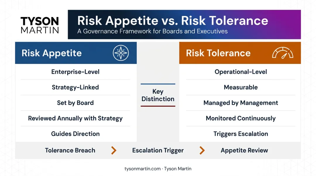 Risk appetite versus risk tolerance governance roles comparison infographic