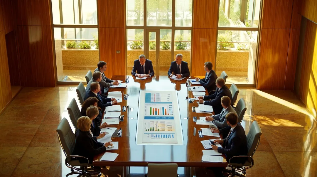 Corporate board meeting with directors reviewing governance documents and dashboards