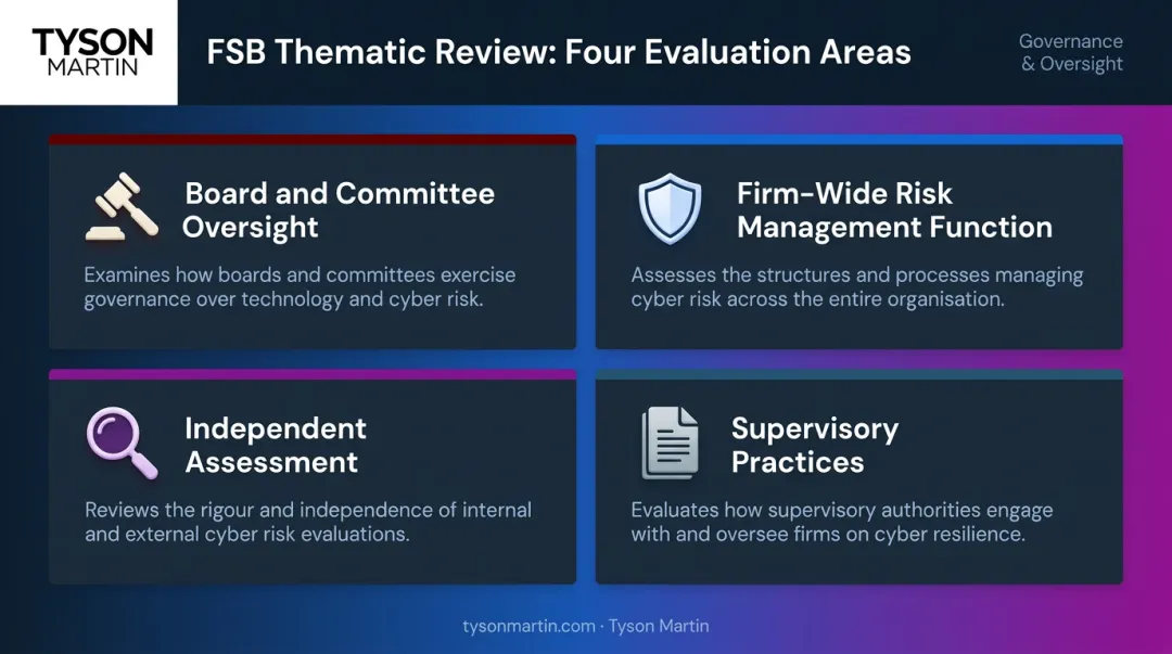 FSB risk governance review four evaluation areas comparison table infographic