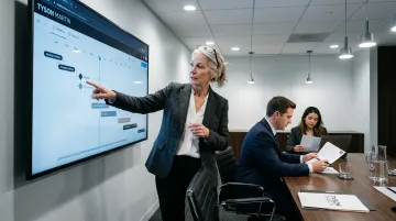 Executive reviewing documented AI governance audit trail on digital dashboard in boardroom