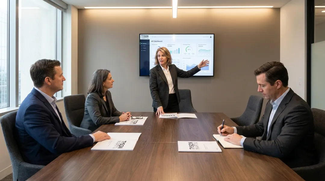 CFO and board directors reviewing financial reports in formal boardroom setting