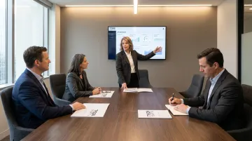 CFO and board directors reviewing financial reports in formal boardroom setting