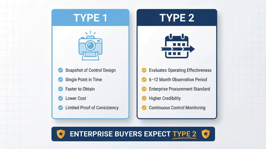 SOC 2 Type 1 versus Type 2 audit comparison key differences infographic
