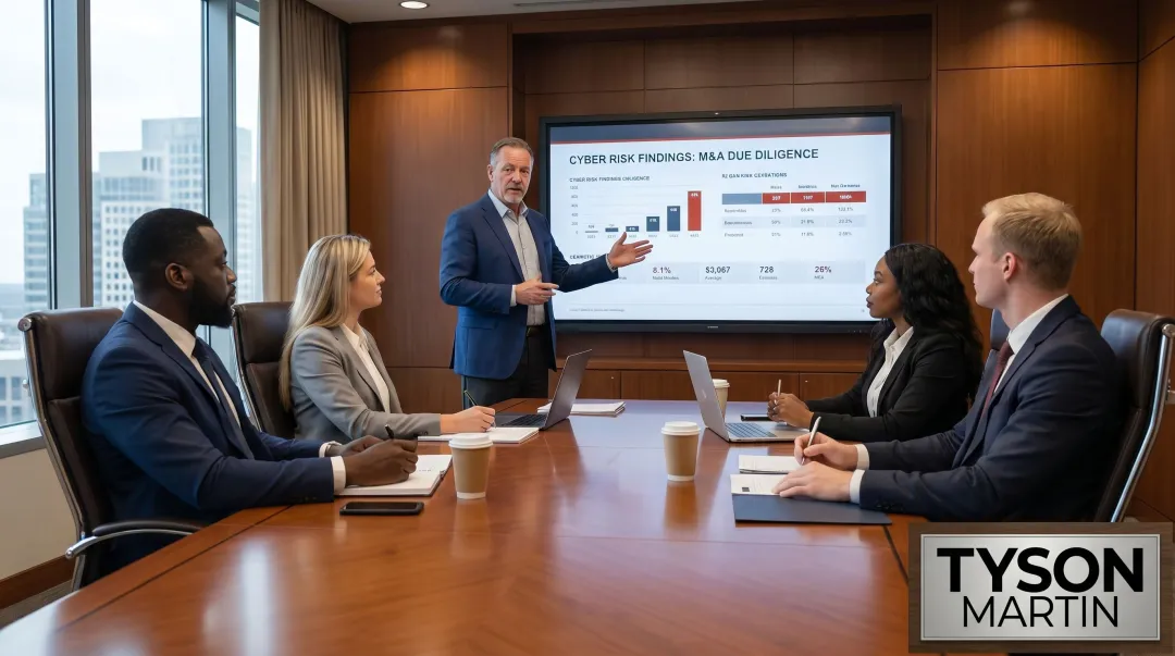 Board advisor presenting M&A cybersecurity risk findings to executive leadership team