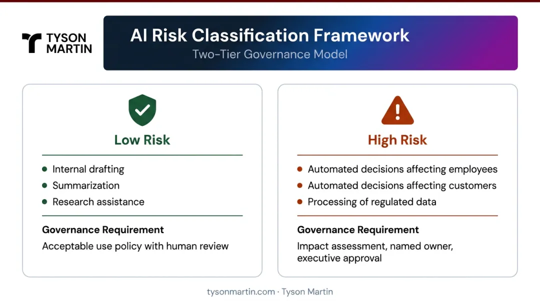 Enterprise AI risk classification two-tier system with governance requirements comparison