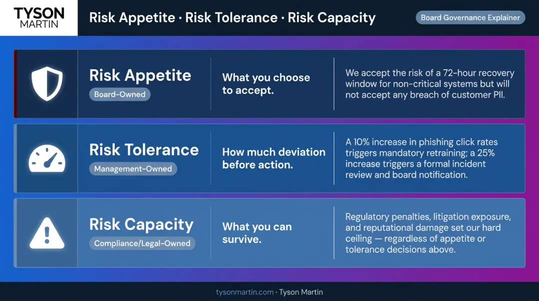 Three-layer risk framework comparing appetite tolerance and capacity with ownership levels